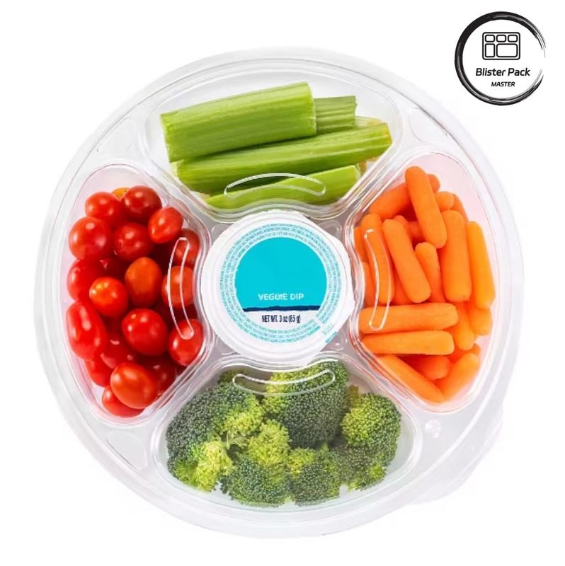5 section plateau rond avec couvercle plateaux en plastique pour l'affichage des légumes du supermarché