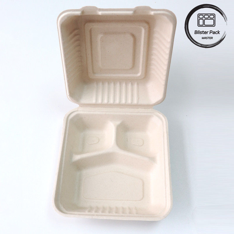 Blister Eco-compostable Clamshell 3 Compartiment boîte à lunch jetable Bagasse de canne à sucre