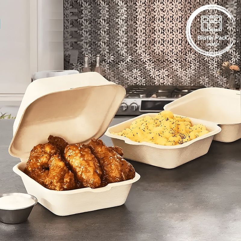 Blister Eco-compostable Clamshell 3 Compartiment boîte à lunch jetable Bagasse de canne à sucre