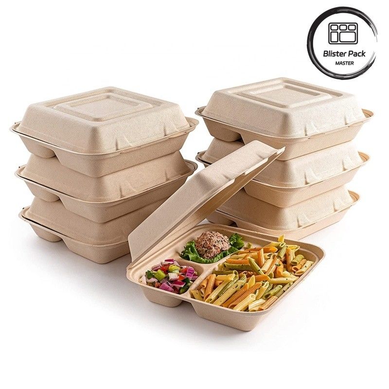 Blister Eco-compostable Clamshell 3 Compartiment boîte à lunch jetable Bagasse de canne à sucre