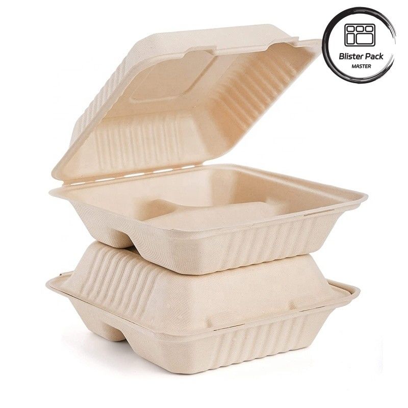 Blister Eco-compostable Clamshell 3 Compartiment boîte à lunch jetable Bagasse de canne à sucre