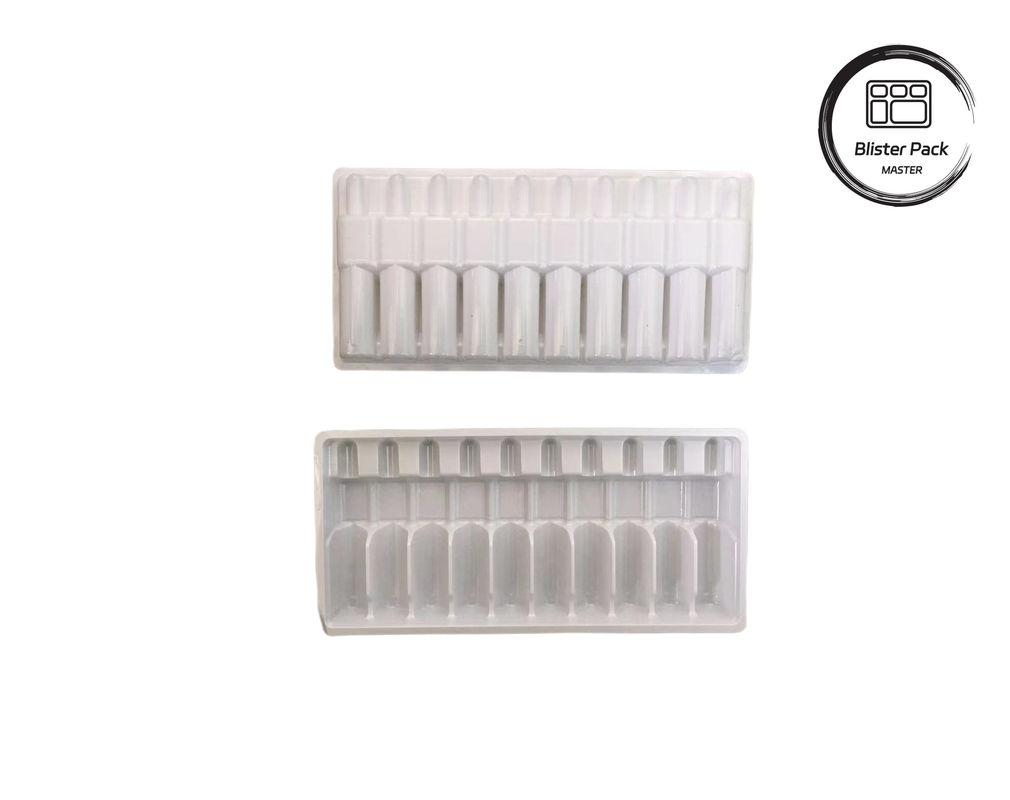 Plateau d'ampoule en plastique formé sous vide sur mesure, flacon de médicament blanc Emballage en ampoules pour flacons de 10 ml