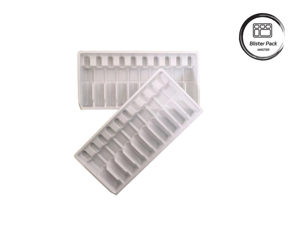 Plateau d'ampoule en plastique formé sous vide sur mesure, flacon de médicament blanc Emballage en ampoules pour flacons de 10 ml