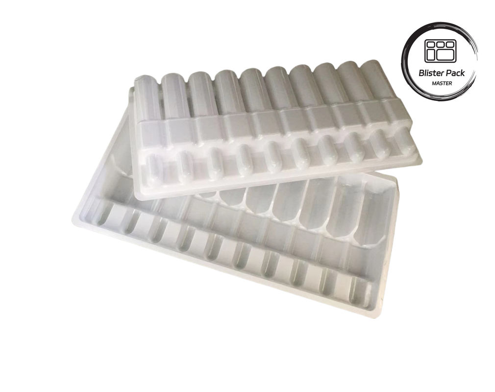 Plateau d'ampoule en plastique formé sous vide sur mesure, flacon de médicament blanc Emballage en ampoules pour flacons de 10 ml