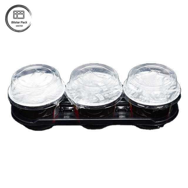 Plateau à emporter transparent jetable épaissi en PET avec porte-gobelets à trois sections, plateau en plastique pour le yogourt et les boissons